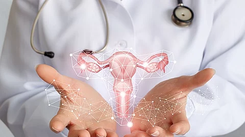 Ärztin präsentiert die Grafik eines Uterus.