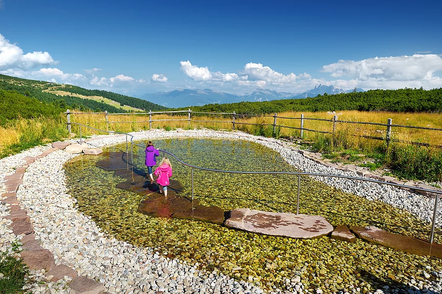 2 Kinder beim Wassertreten in Berglandschaft
