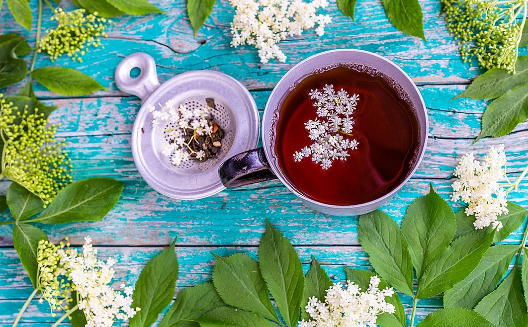 Holunderbeerentee in einer Tasse; ein Teesieb liegt daneben, dekoriert mit Holunderblättern und Holunderblüten.