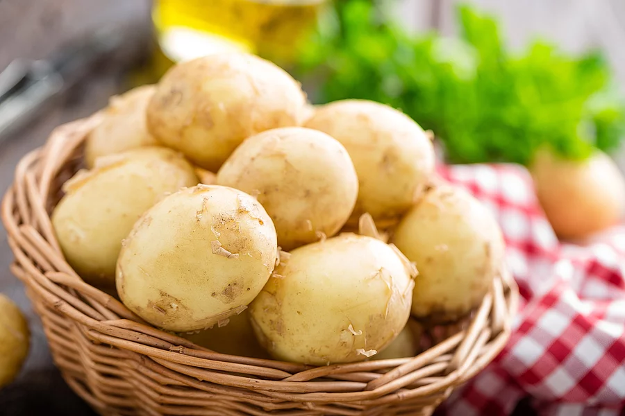 Kartoffeln in Korb mit kariertem Tuch