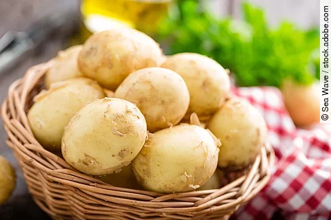 Kartoffeln in Korb mit kariertem Tuch