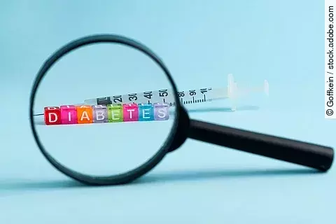 Diabetes: Schriftzug und Insulinspritze unter einer Lupe