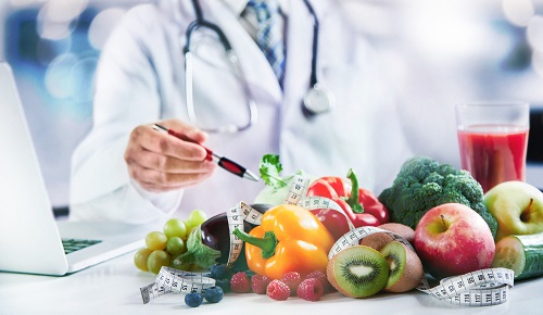 Modern doctor or pharmacy agent contact for healthy food and diet